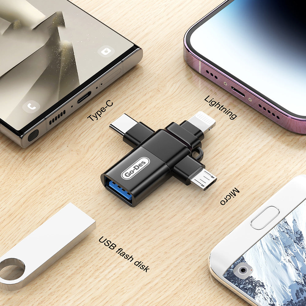 Go Des GD-CT196 4in1 Type-C+Lightning+Micro+USB3.0 OTG Dönüştürücü Adaptör Siyah