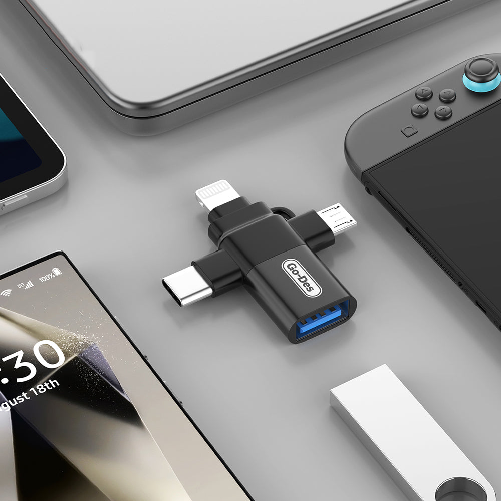 Go Des GD-CT196 4in1 Type-C+Lightning+Micro+USB3.0 OTG Dönüştürücü Adaptör Siyah