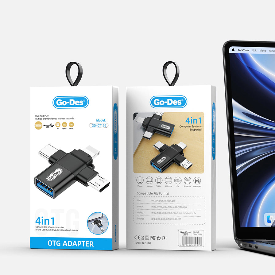 Go Des GD-CT196 4in1 Type-C+Lightning+Micro+USB3.0 OTG Dönüştürücü Adaptör Siyah