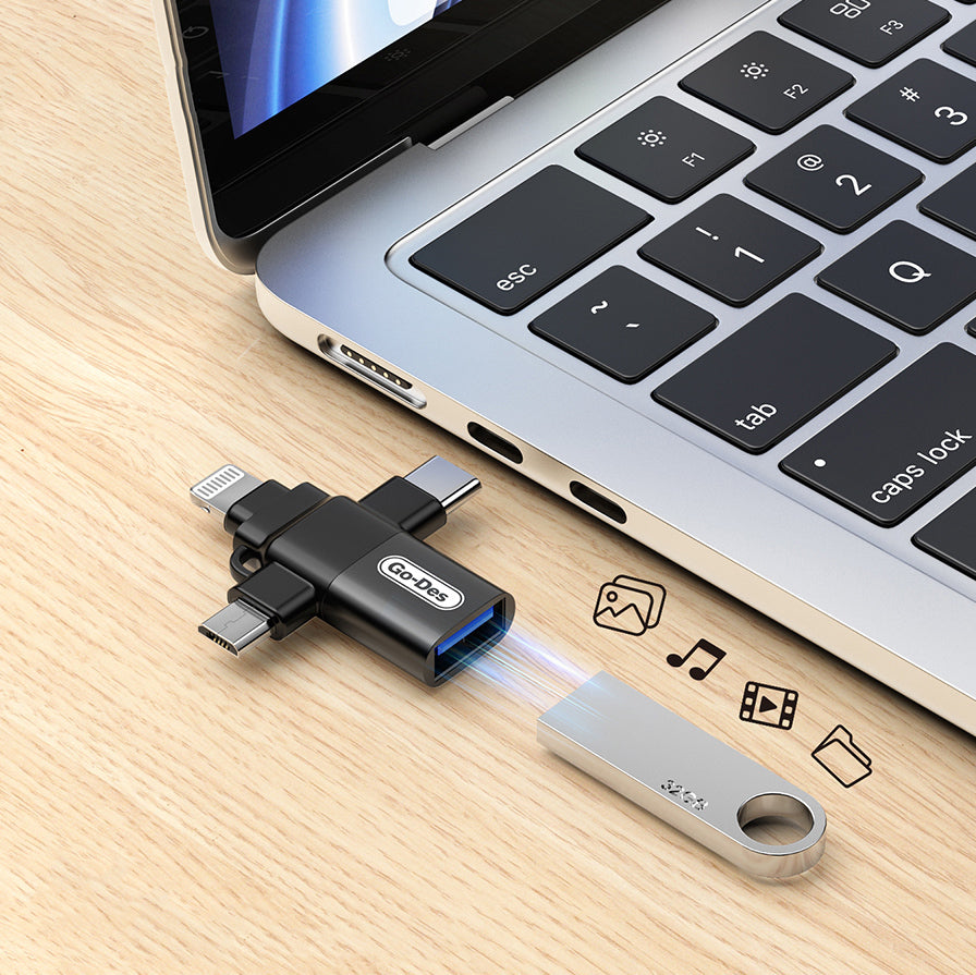 Go Des GD-CT196 4in1 Type-C+Lightning+Micro+USB3.0 OTG Dönüştürücü Adaptör Siyah