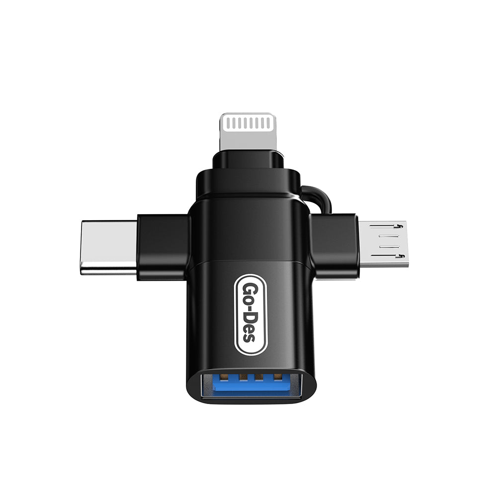 Go Des GD-CT196 4in1 Type-C+Lightning+Micro+USB3.0 OTG Dönüştürücü Adaptör Siyah