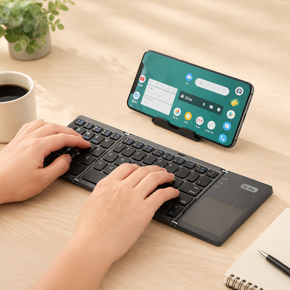 Go Des GD-KB328 Sessiz Tuş Tasarımlı Touch Pad Özellikli Katlanabilir Bluetooth Bağlantılı Kablosuz Klavye Siyah
