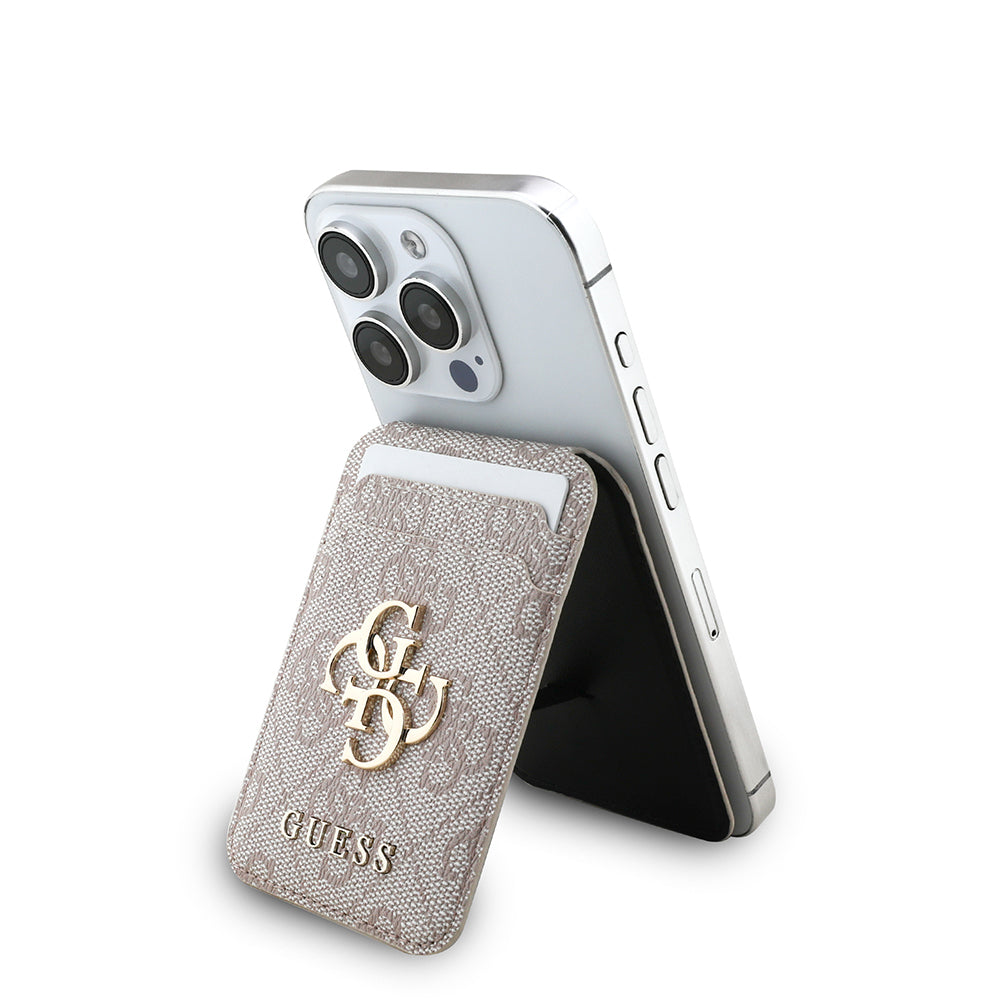 Guess Orjinal Lisanslı PU Deri 4G Desenli Metal Büyük 4G ve Yazı Logolu Standlı Magnetik Kartlık Pembe