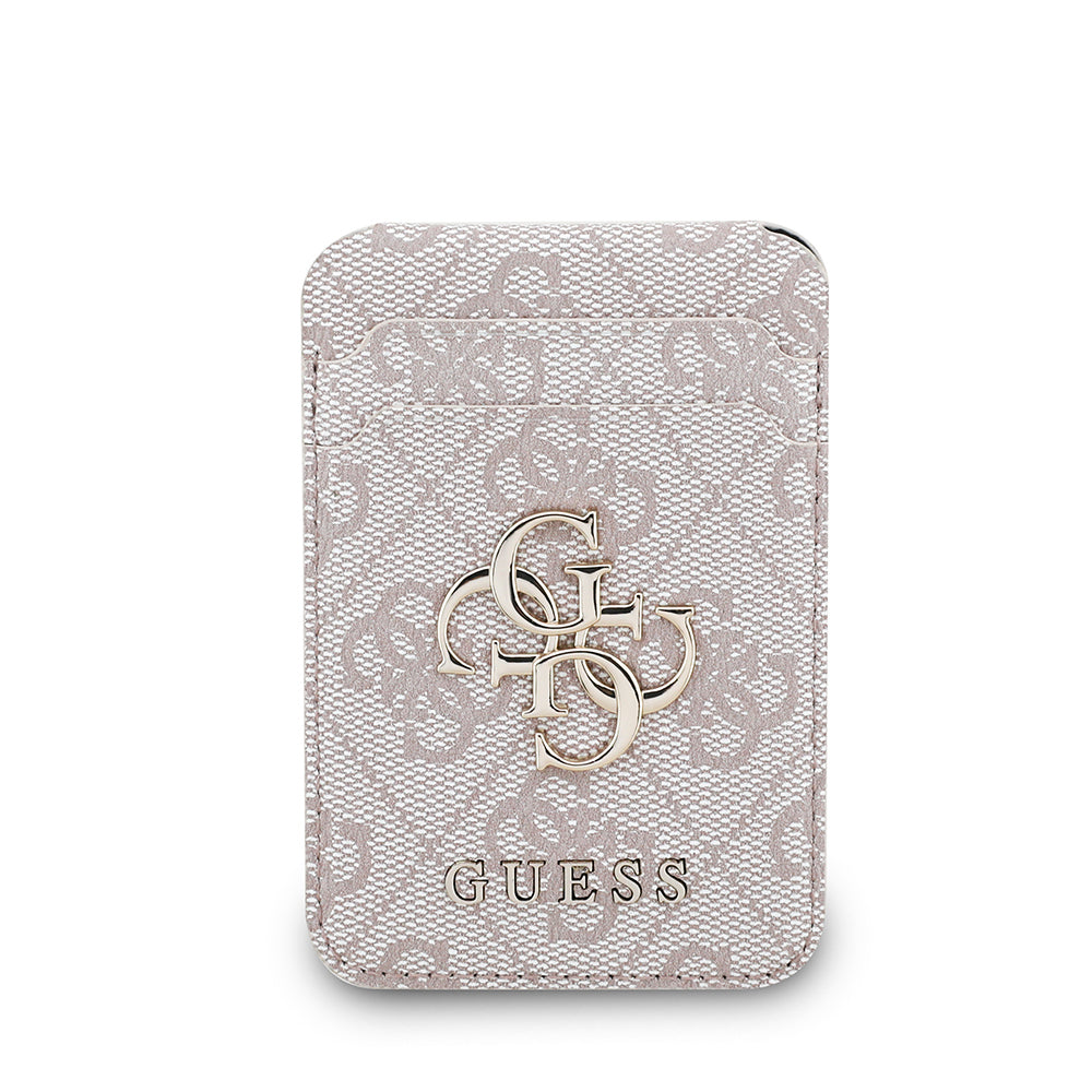 Guess Orjinal Lisanslı PU Deri 4G Desenli Metal Büyük 4G ve Yazı Logolu Standlı Magnetik Kartlık Pembe