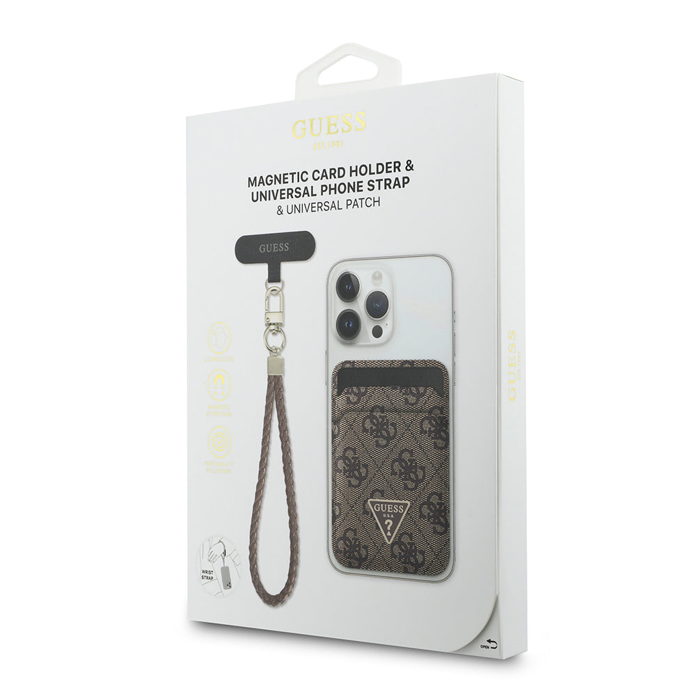 Guess Orjinal Lisanslı 2in1 Bilek Askı İpli 4G Desenli Metal Üçgen Logolu Magnetik Kartlık Kahverengi