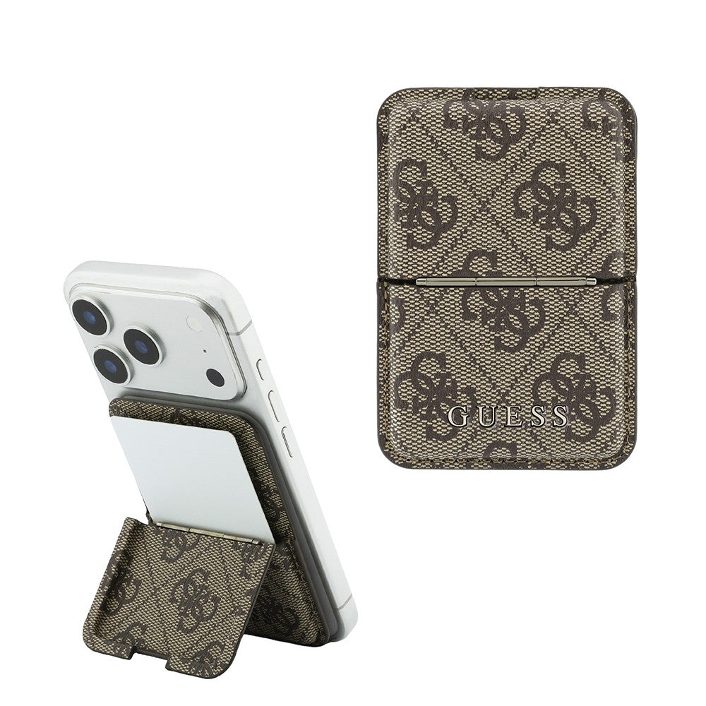 Guess Orjinal Lisanslı 4G Desenli Yazı Logolu Pop-up Magnetik Standlı PU Kartlık Kahverengi