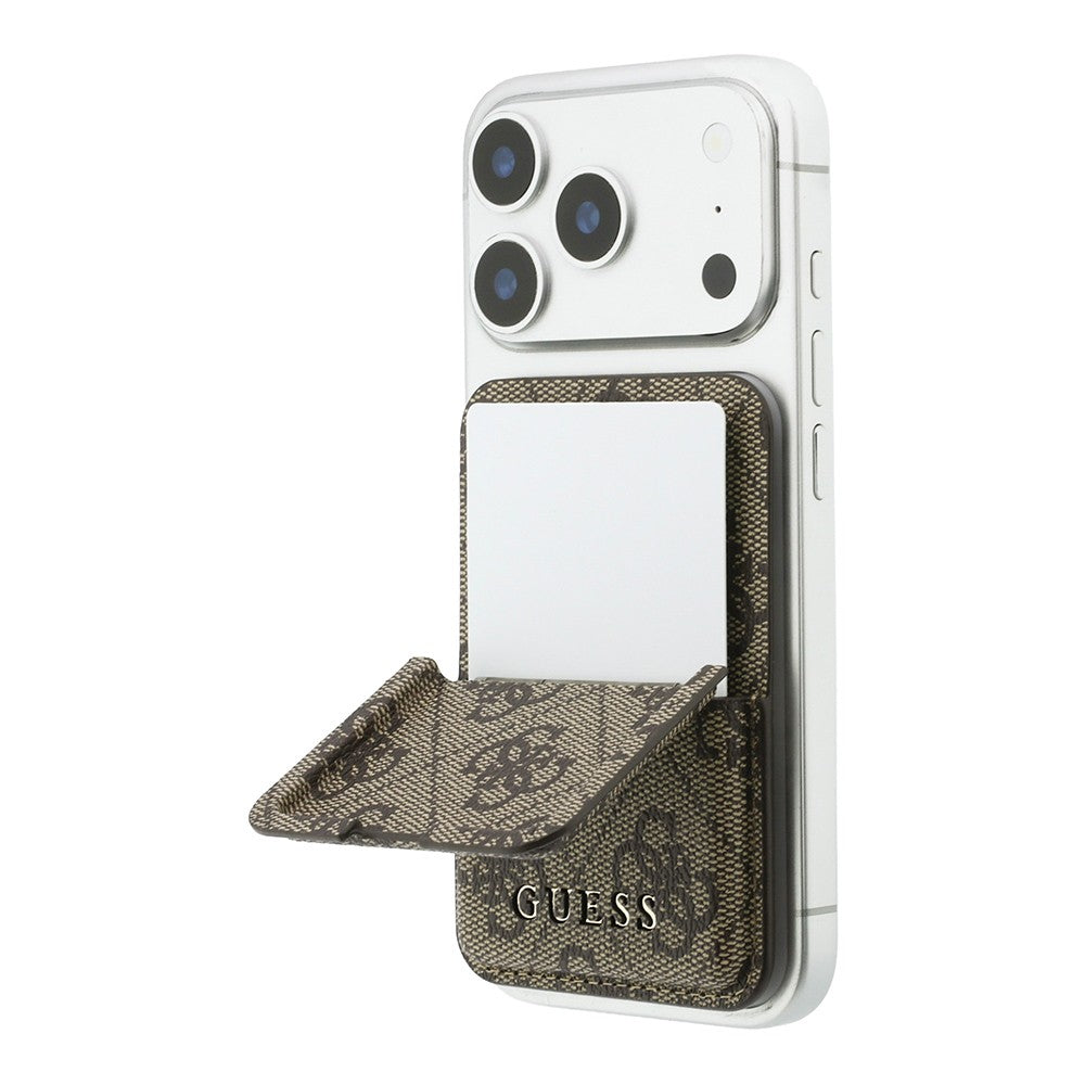 Guess Orjinal Lisanslı 4G Desenli Yazı Logolu Pop-up Magnetik Standlı PU Kartlık Kahverengi