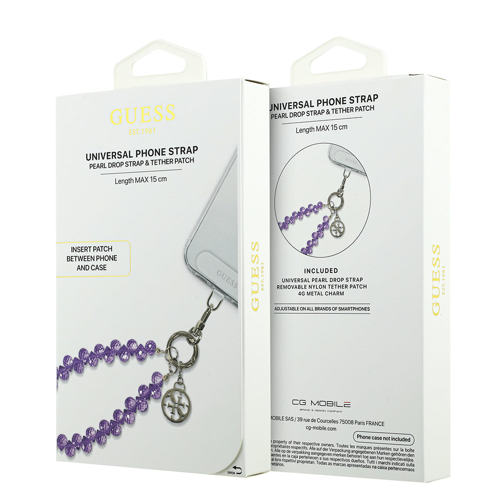 Guess Orjinal Lisanslı 4G Metal Logolu Kristal Taşlı Telefon Bilek Askı Zinciri Mor