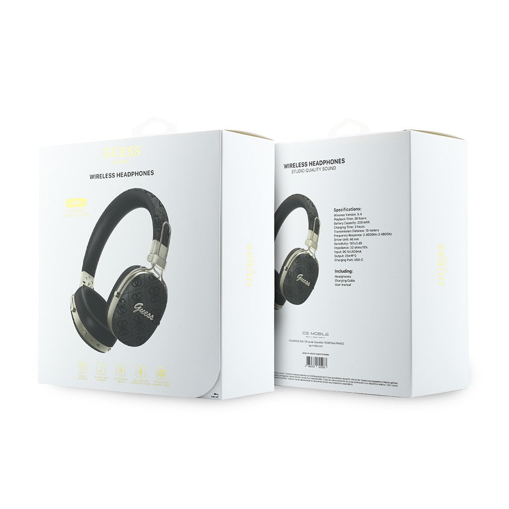 Guess Orjinal Lisanslı ENC Teknolojili PU 4G Desenli Script Logolu Kulak Üstü Bluetooth Kulaklık v5.4 Siyah