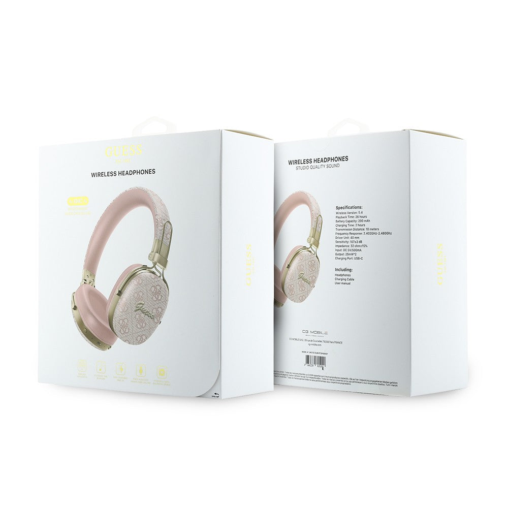 Guess Orjinal Lisanslı ENC Teknolojili PU 4G Desenli Script Logolu Kulak Üstü Bluetooth Kulaklık v5.4 Pembe