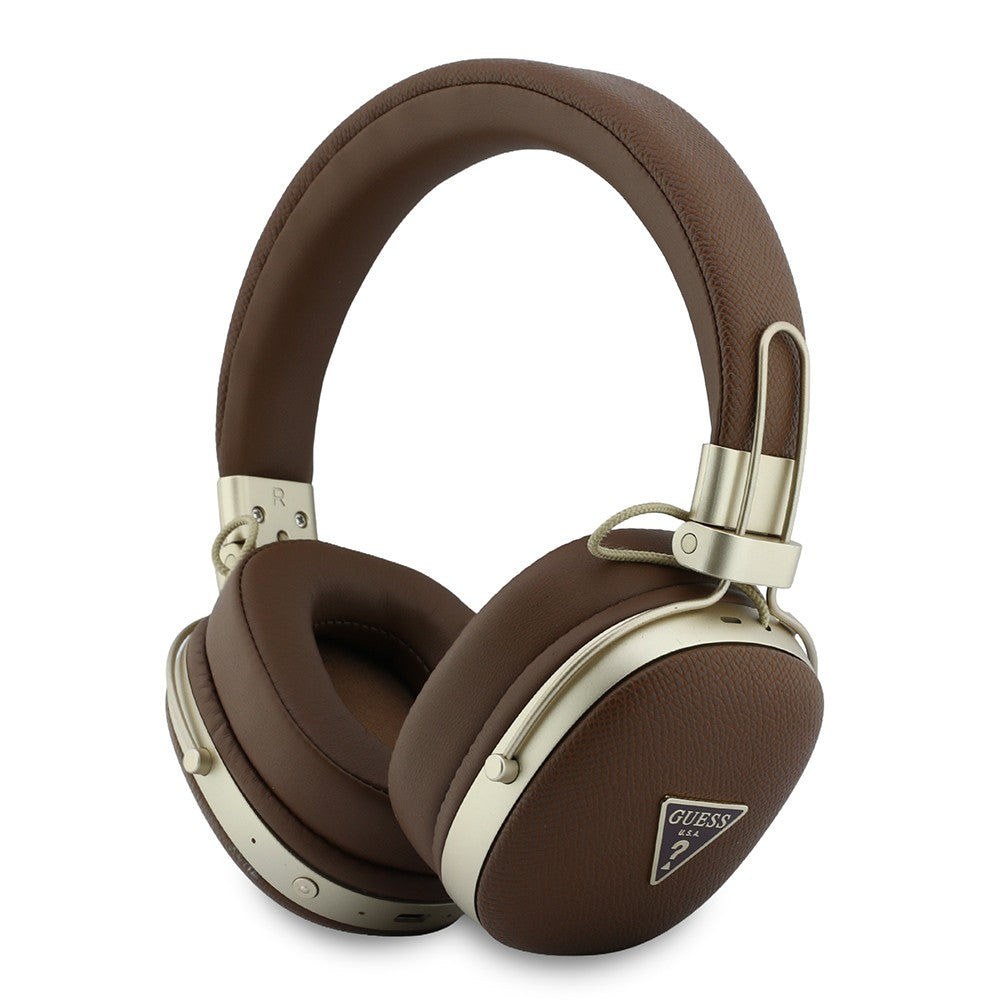 Guess Orjinal Lisanslı ENC Teknolojili PU Üçgen Metal Logolu Kulak Üstü Bluetooth Kulaklık v5.4 Kahverengi