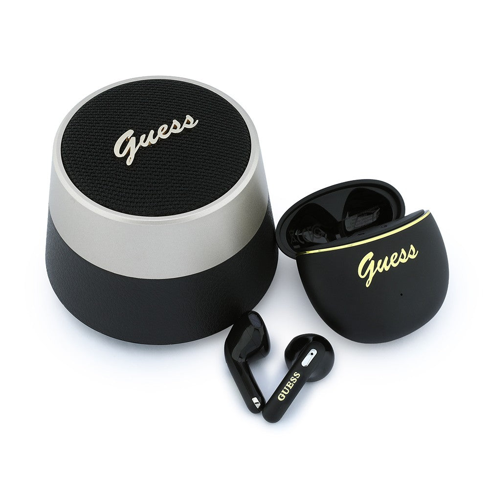 Guess Orjinal Lisanslı Metal Yazı Logolu Kulak içi TWS Kulaklık ve Speaker Hoparlör 2in1 Set Siyah