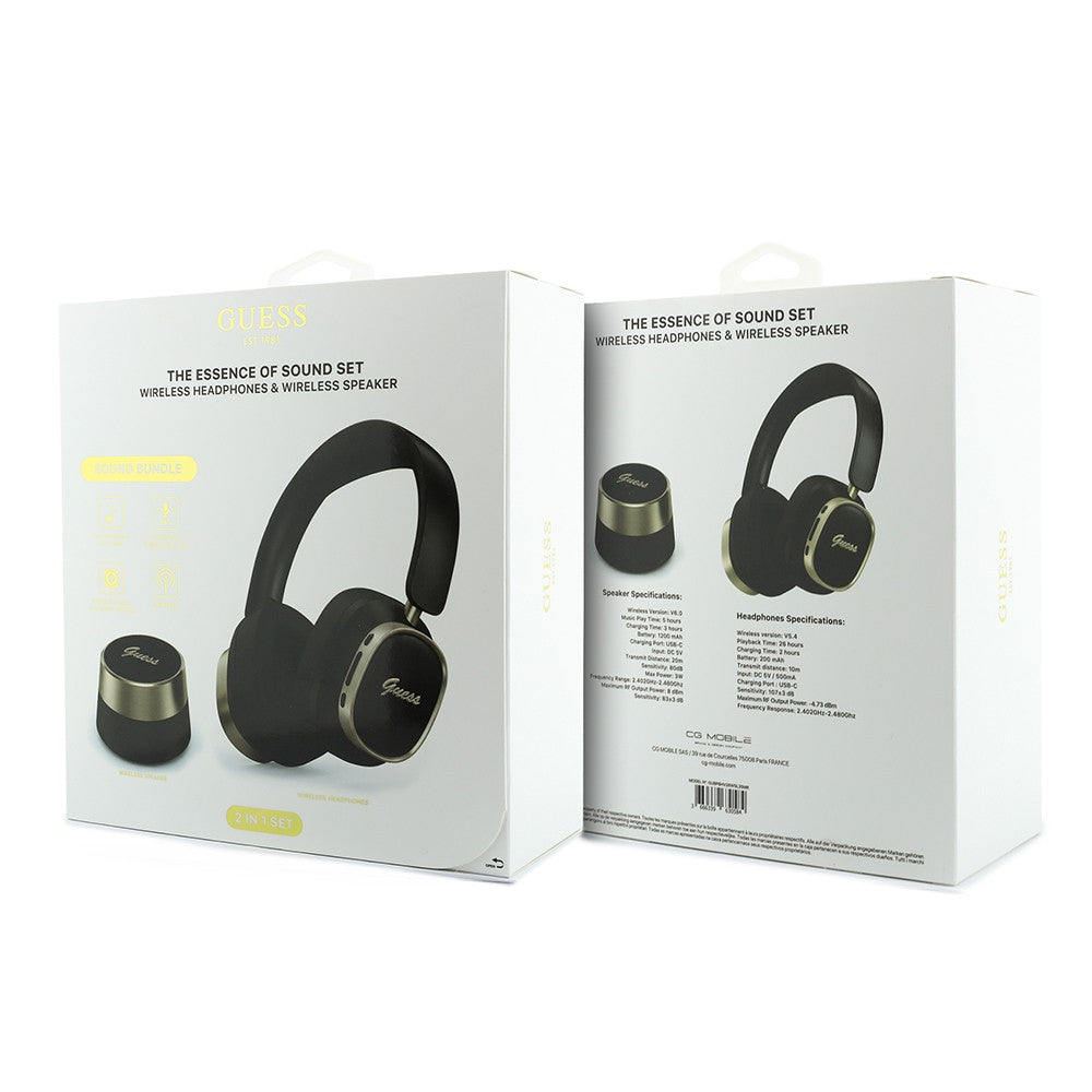 Guess Orjinal Lisanslı Metal Yazı Logolu Kulak Üstü Kulaklık ve Speaker Hoparlör 2in1 Set Siyah