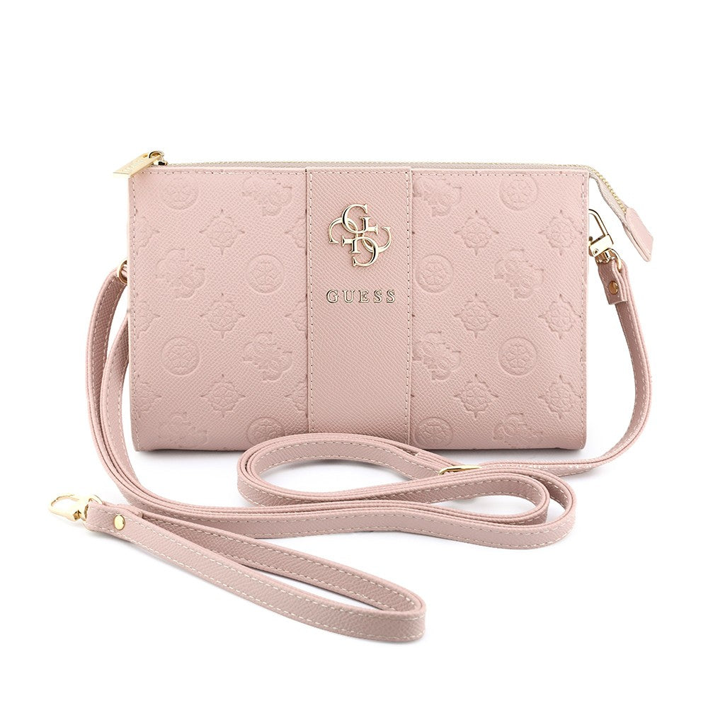 Guess Orjinal Lisanslı Peony ve 4G Desenli Şerit Detaylı Metal Logolu Omuz Askılı El Çantası Pembe