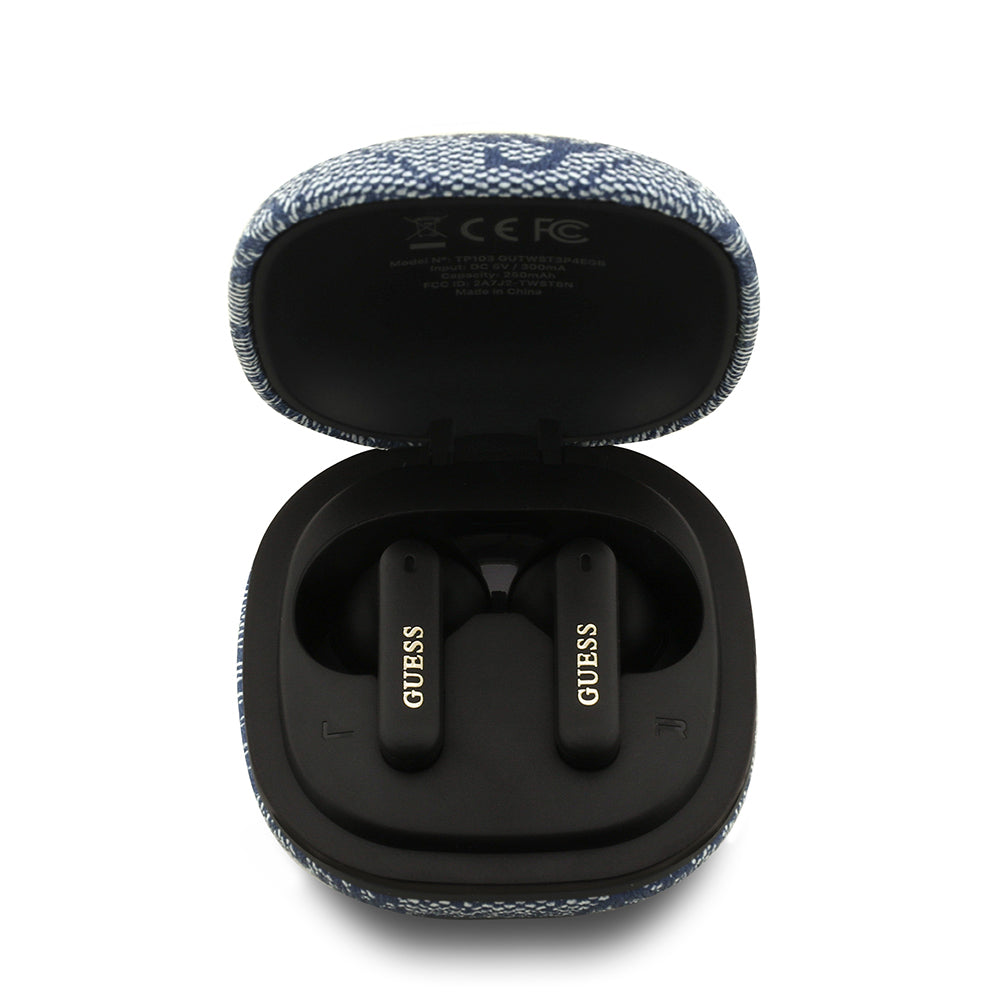 Guess Orjinal Lisanslı PU 4G Desenli Klasik Metal Yazı Logolu TWS Kulak İçi Bluetooth Kulaklık Mavi