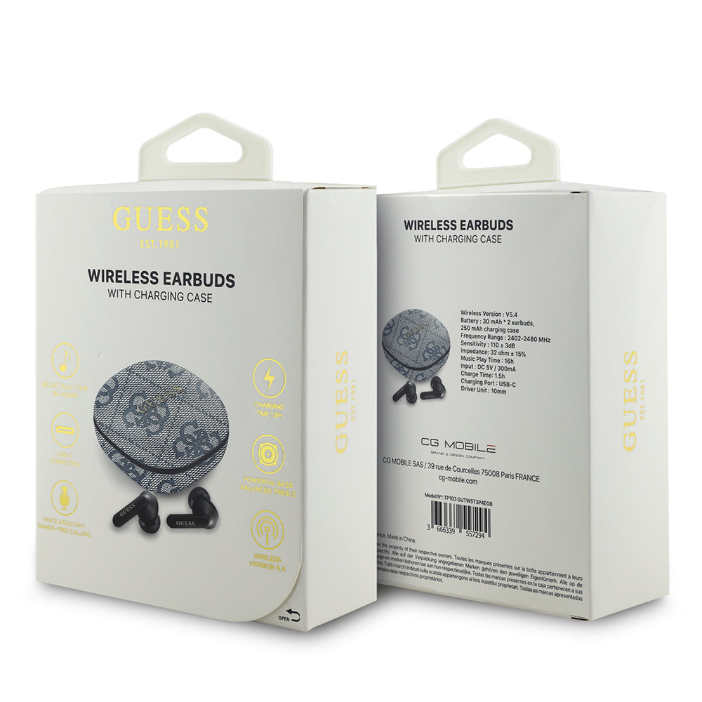 Guess Orjinal Lisanslı PU 4G Desenli Klasik Metal Yazı Logolu TWS Kulak İçi Bluetooth Kulaklık Mavi
