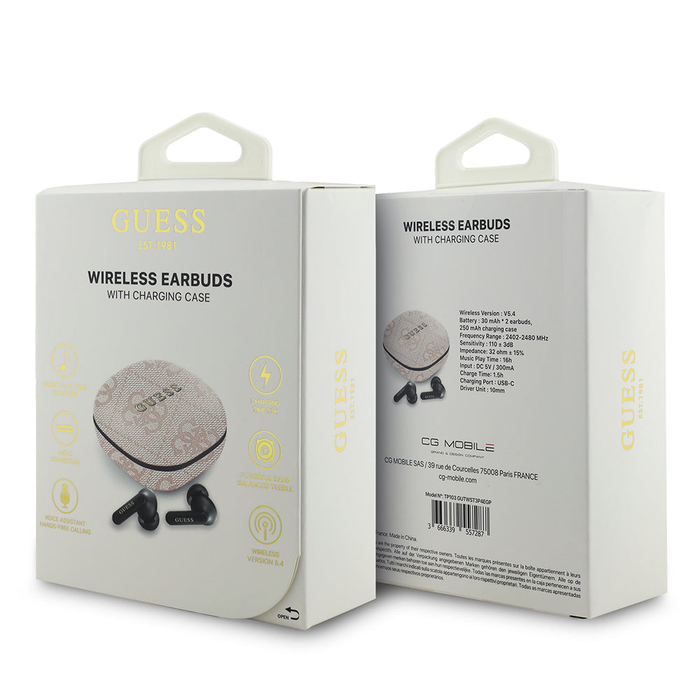 Guess Orjinal Lisanslı PU 4G Desenli Klasik Metal Yazı Logolu TWS Kulak İçi Bluetooth Kulaklık Pembe