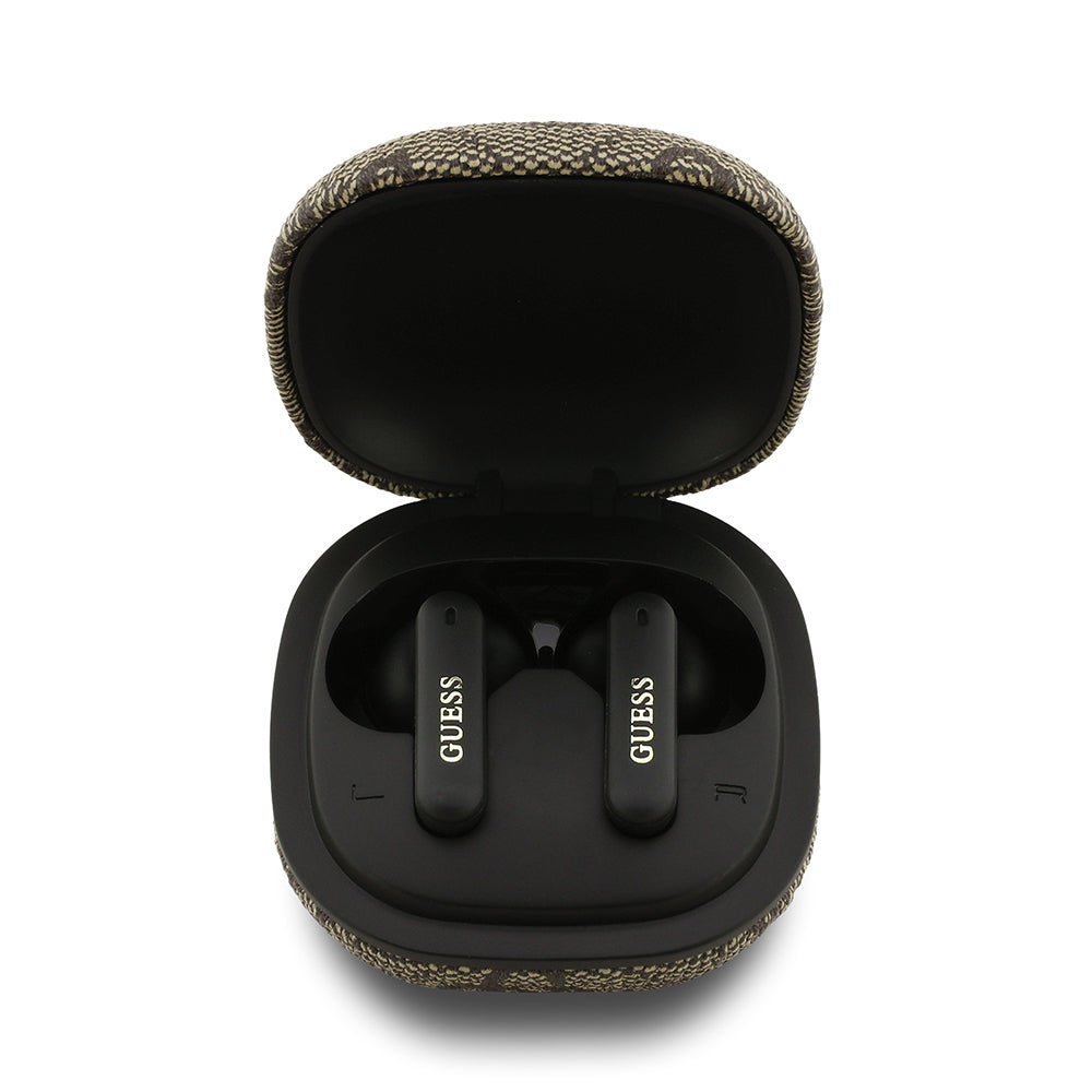 Guess Orjinal Lisanslı PU 4G Desenli Klasik Metal Yazı Logolu TWS Kulak İçi Bluetooth Kulaklık Kahverengi