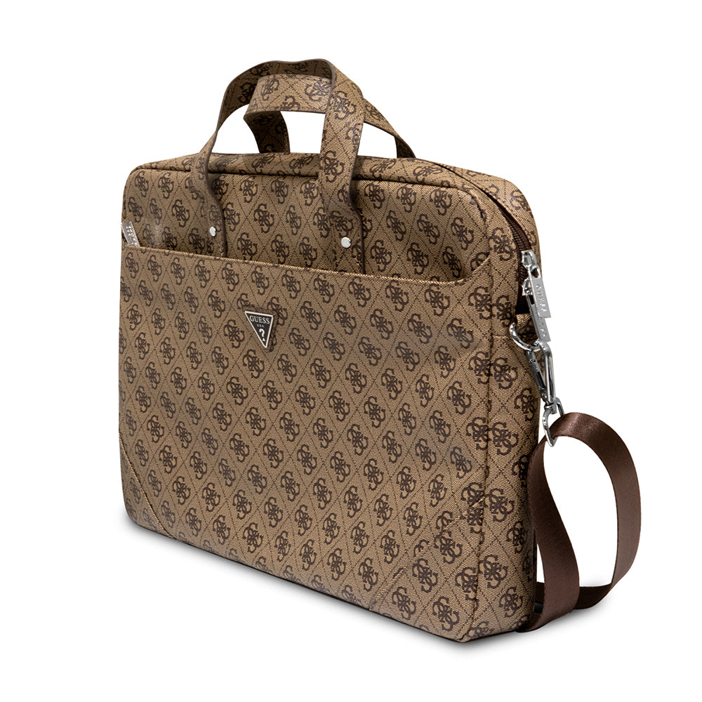 Guess Orjinal Lisanslı Sıcak Damgalı 4G Desenli Üçgen Logolu Omuz Askılı 15-16 inç Laptop Çantası Kahverengi