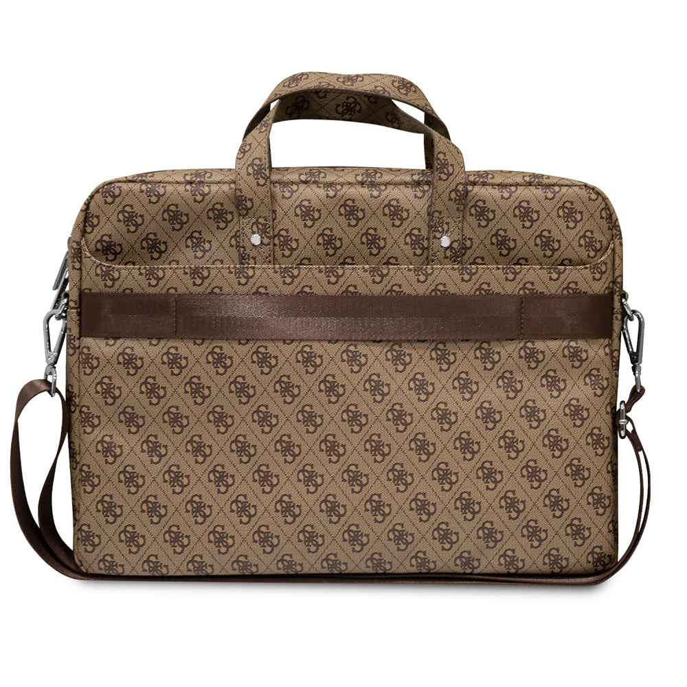 Guess Orjinal Lisanslı Sıcak Damgalı 4G Desenli Üçgen Logolu Omuz Askılı 15-16 inç Laptop Çantası Kahverengi