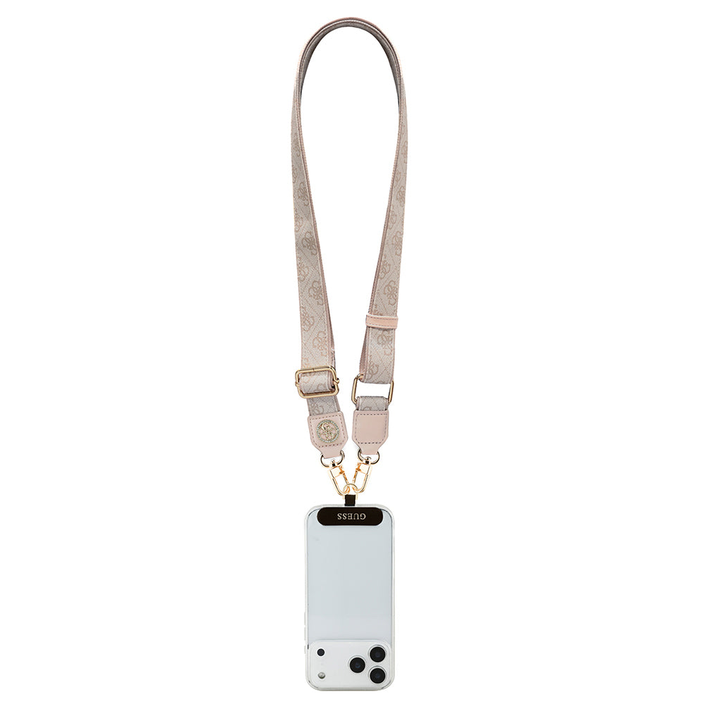 Guess Orjinal Lisanslı Taşlı 4G Metal Logolu Çapraz Vücut Telefon Askı Kayışı 150cm Pembe
