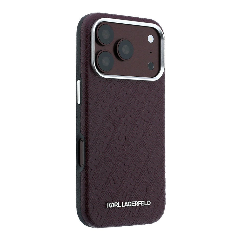 Apple iPhone 18 Pro Kılıf Karl Lagerfeld Orjinal Lisanslı PU Deri Damgalı Metal Yazı Logolu Grained Kapak Bordo