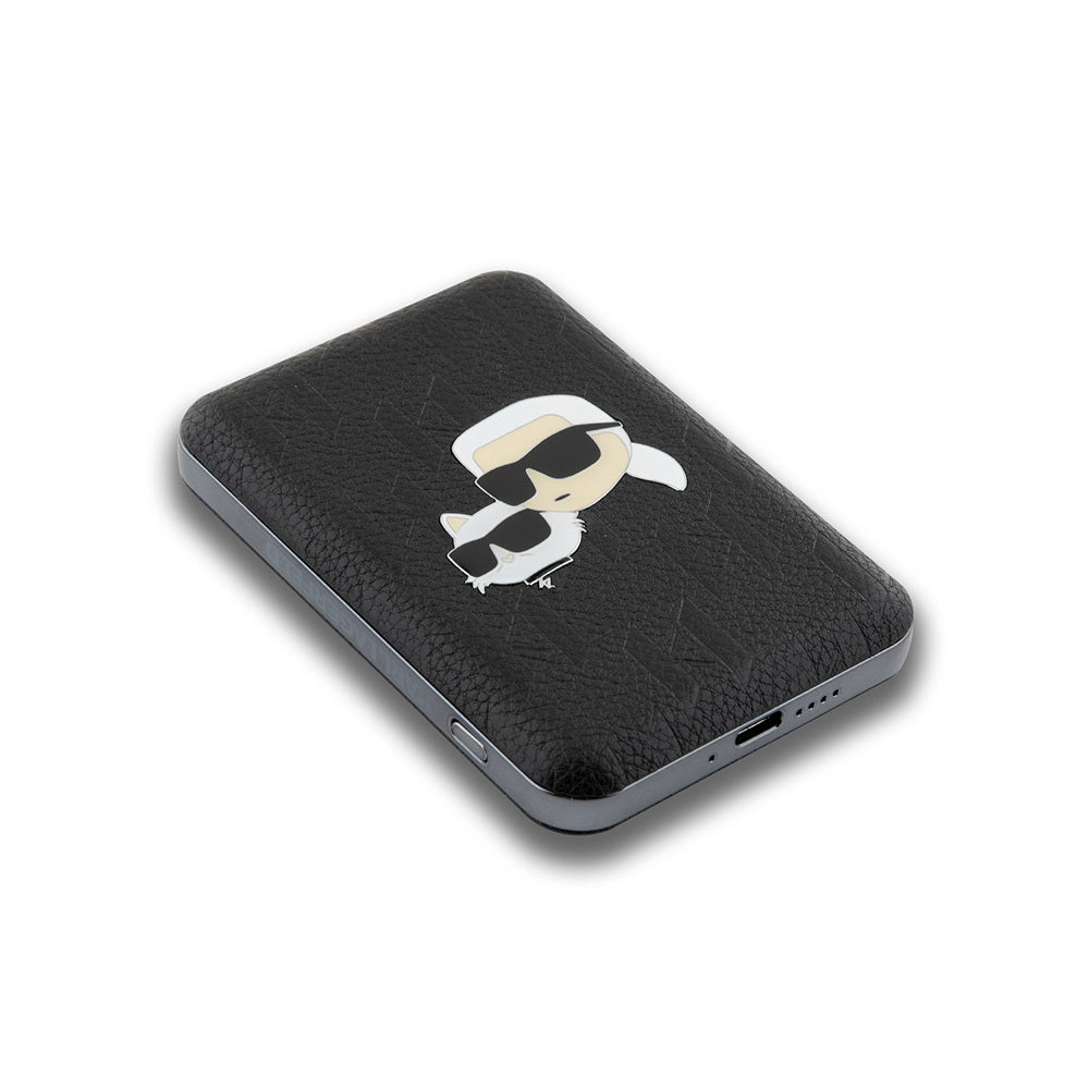 Karl Lagerfeld Orijinal Lisanslı M-safe Şarj Özellikli Led Işık Göstergeli Metal Logolu PU Deri Powerbank 5000mAh Siyah