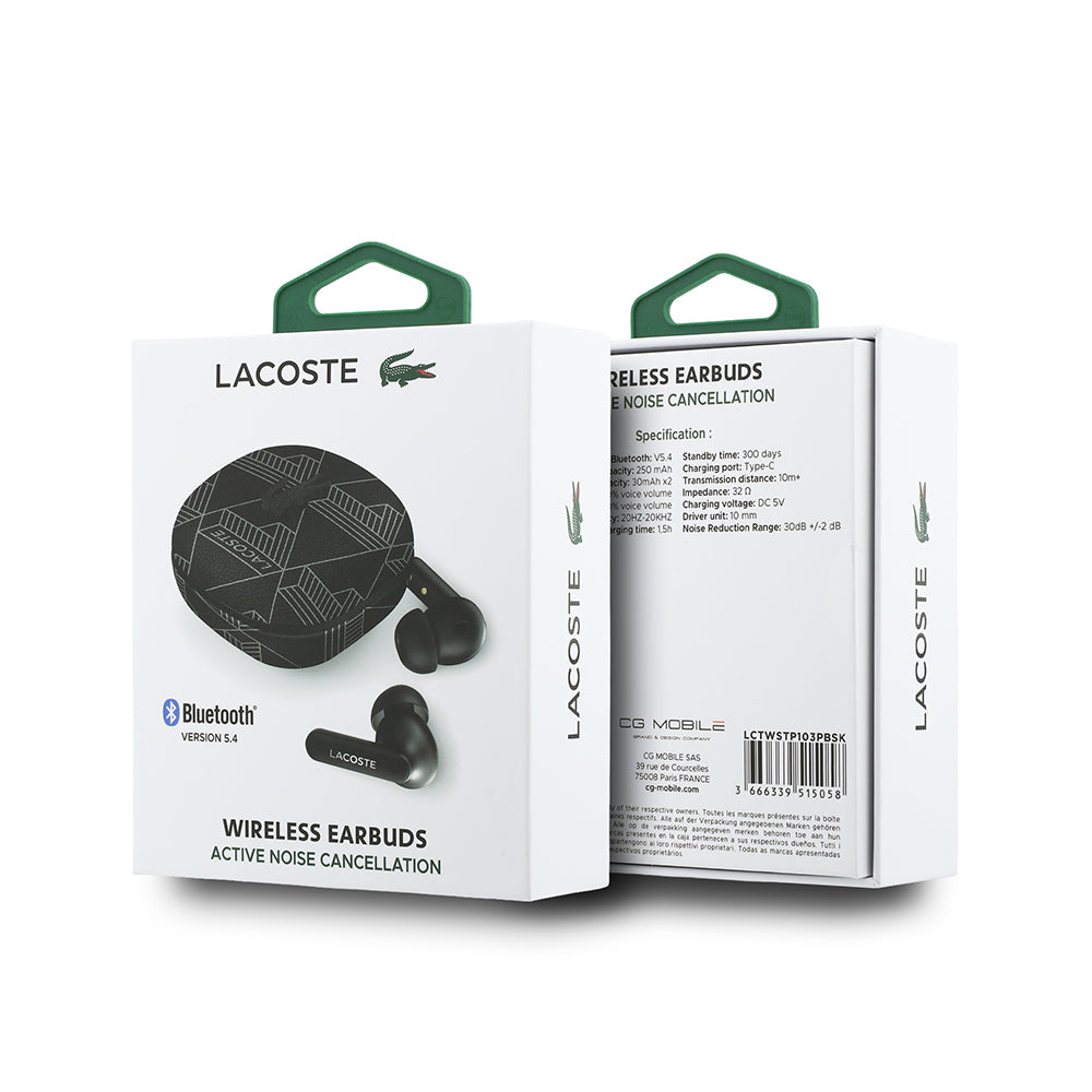 Lacoste Orjinal Lisanslı ANC/ENC Monogram Desenli TWS Kulak İçi Bluetooth Kulaklık v5.4 Siyah-Beyaz