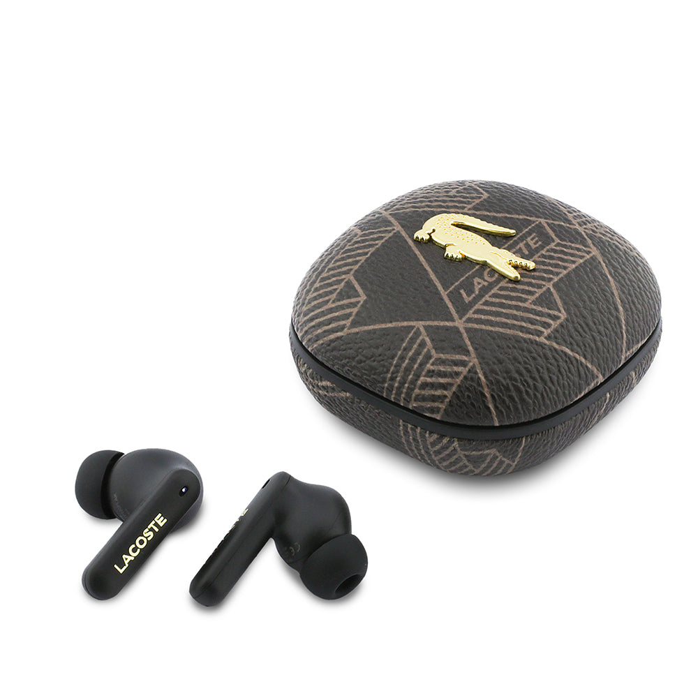 Lacoste Orjinal Lisanslı ANC/ENC Monogram Desenli TWS Kulak İçi Bluetooth Kulaklık v5.4 Kahverengi