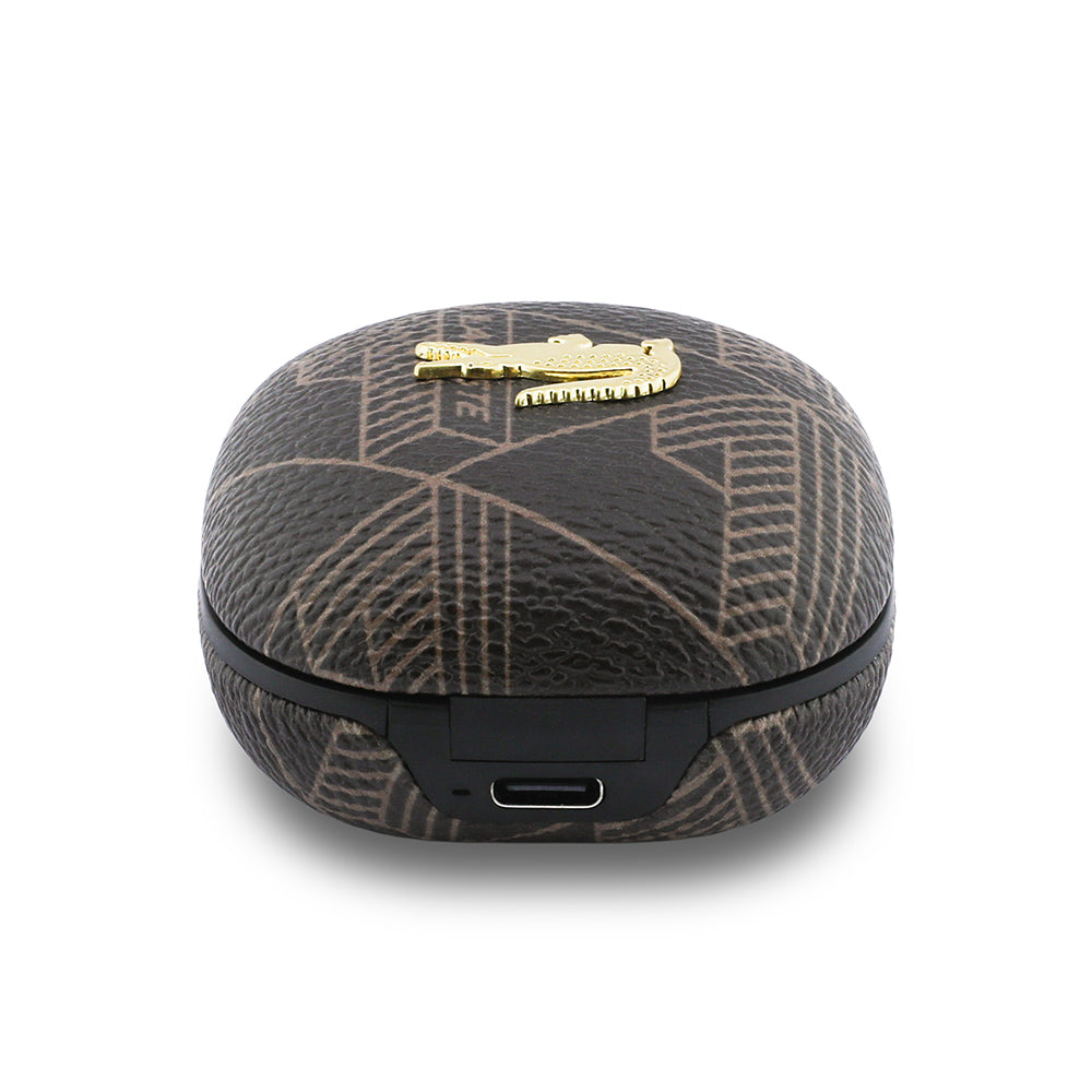 Lacoste Orjinal Lisanslı ANC/ENC Monogram Desenli TWS Kulak İçi Bluetooth Kulaklık v5.4 Kahverengi