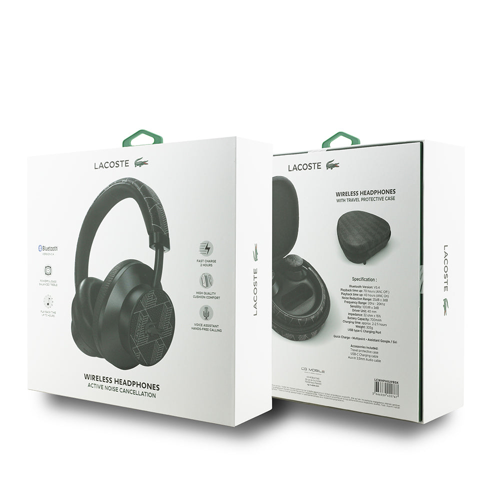 Lacoste Orjinal Lisanslı LH02 ANC Taşıma Çantalı Ayarlanabilir Kulak Üstü Bluetooth Kulaklık v5.4 Siyah-Beyaz