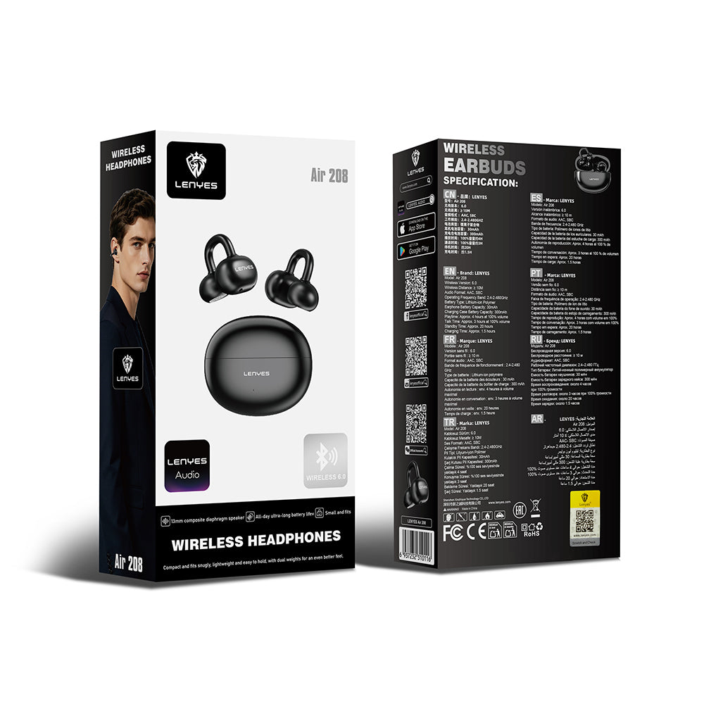 Lenyes Air 208 Hi-Fi Ses Özellikli 13mm Dinamik Sürücülü Bluetooth Kulaklık v6.0 Siyah