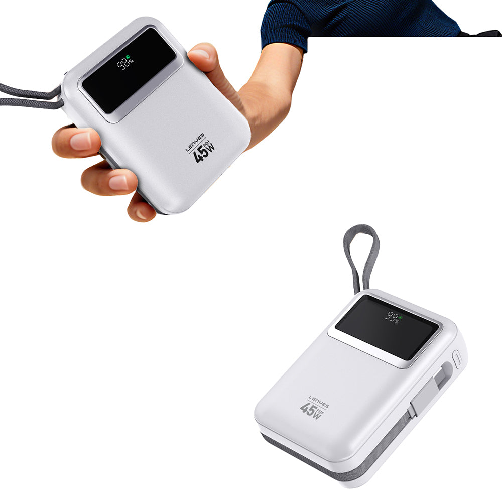 Lenyes C03-A Dijital LED Göstergeli Type-C ve Lightning Kablolu Powerbank 45W 10.000mAh Gümüş