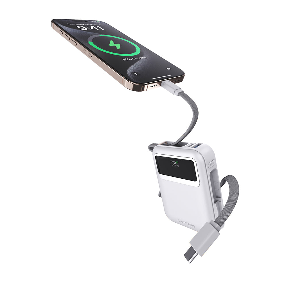 Lenyes C04-A Dijital LED Göstergeli Type-C ve Lightning Kablolu Powerbank 45W 5000mAh Gümüş