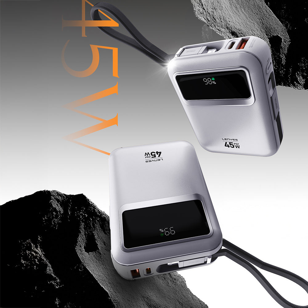 Lenyes C04-A Dijital LED Göstergeli Type-C ve Lightning Kablolu Powerbank 45W 5000mAh Gümüş