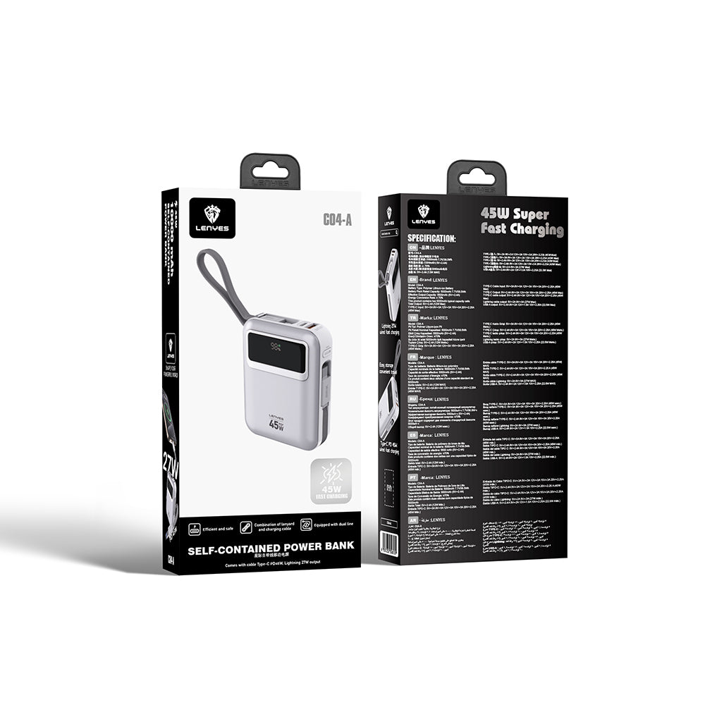 Lenyes C04-A Dijital LED Göstergeli Type-C ve Lightning Kablolu Powerbank 45W 5000mAh Gümüş