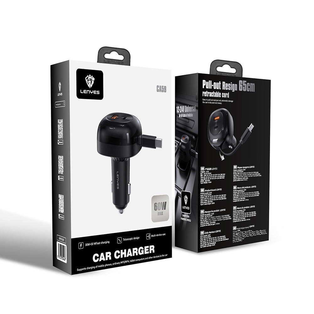 Lenyes CA59 Type-C Kablolu Hızlı Şarj Özellikli Type-C + USB-A Portlu Araç Şarj Aleti PD 60W Siyah