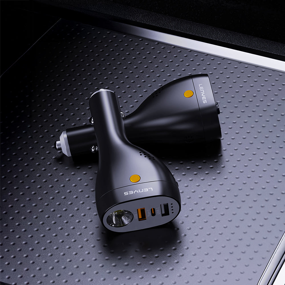 Lenyes CA70 Type-C + Dual USB-A Portlu Hızlı Şarj Özellikli Çok Fonksiyonlu Araç Şarj Aleti 20W Siyah