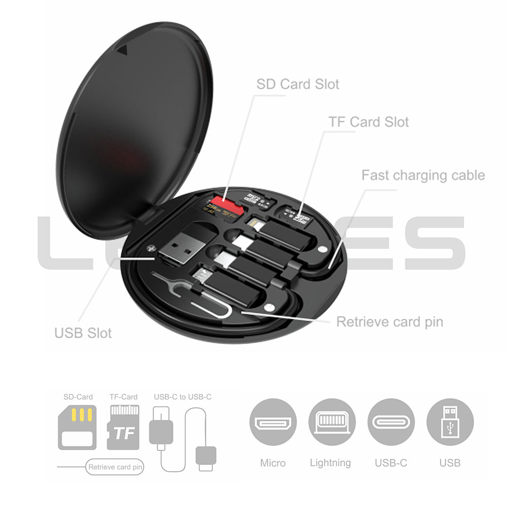 Lenyes LB601 6in1 Type-C to Type-C Kablolu 60W Çevirici Adaptör Seti Standlı Saklama Kutusu Siyah
