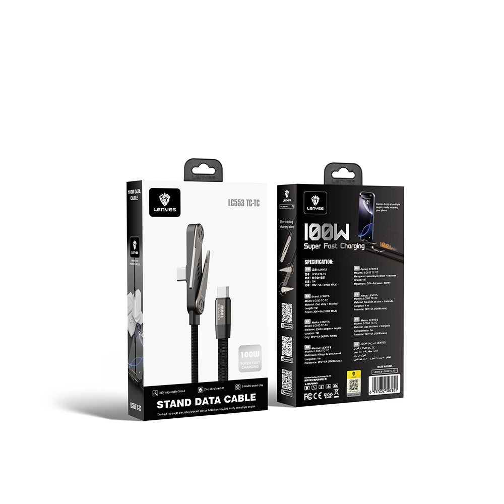 Lenyes LC553 Type-C to Type-C E-MARK Çipli Standlı Data ve Şarj Kablosu 100W 1M Siyah