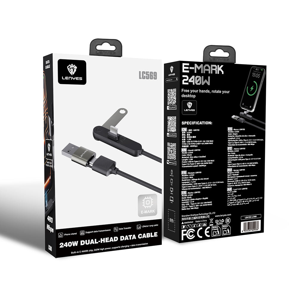 Lenyes LC569 2in1 USB-A - Type-C + Type-C Standlı Data ve Şarj Kablosu 240W 1.2M Siyah