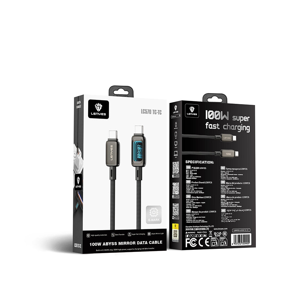 Lenyes LC570 Abyss Mirror Type-C to Type-C Data ve Şarj Kablosu 100W 1.2M Siyah