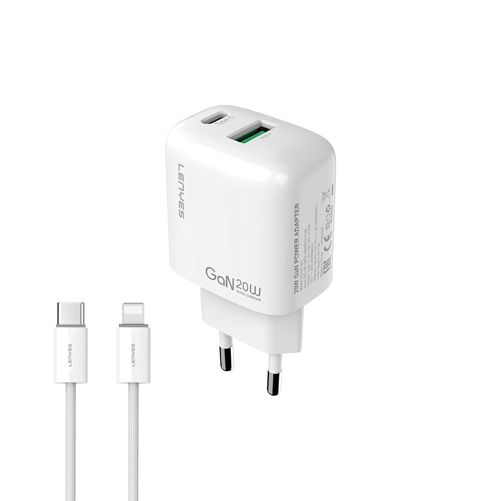 Lenyes LCH91-TC-L Type-C to Lightning GaN Teknolojili PD ve USB Hızlı Şarj Özellikli Şarj Seti 20W Beyaz