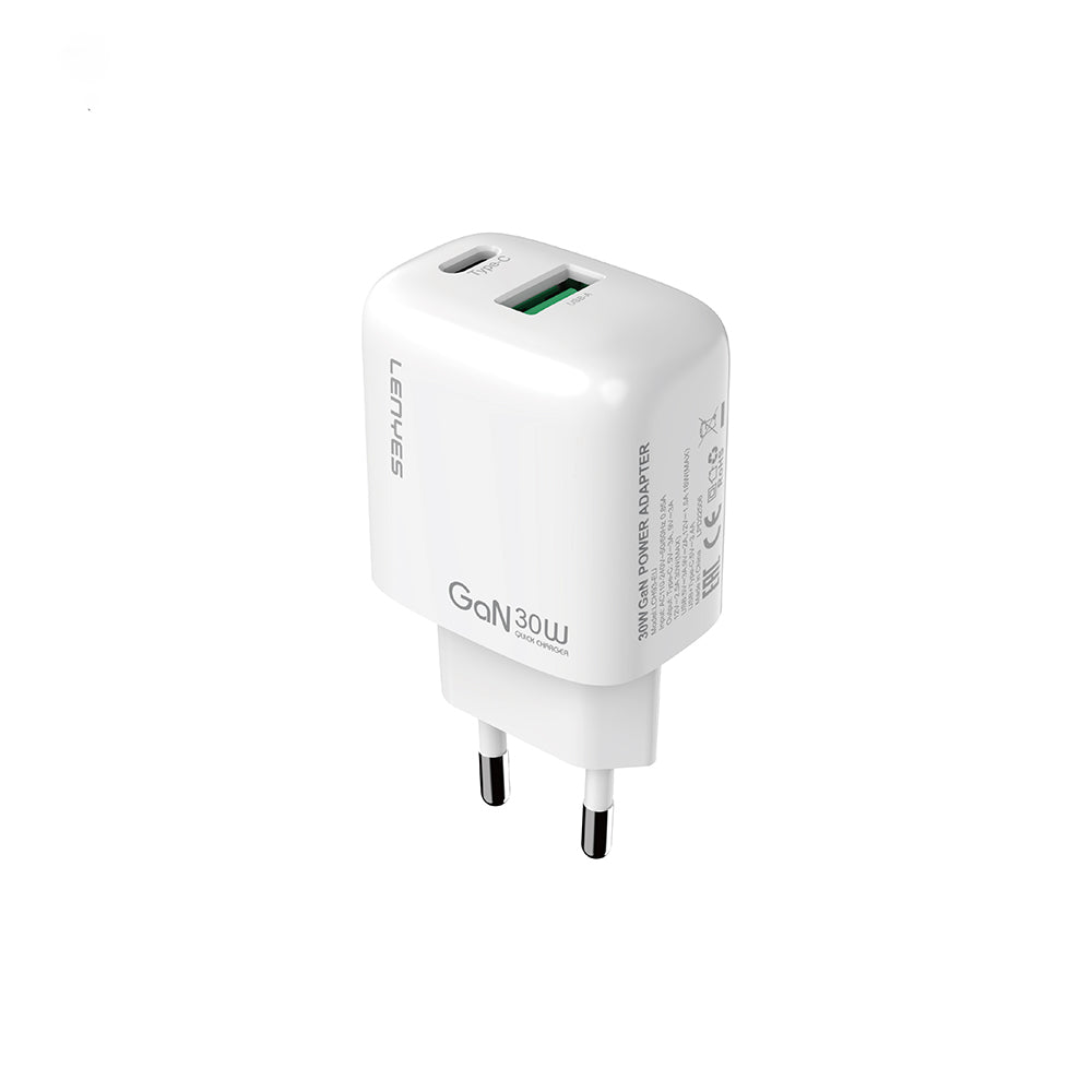 Lenyes LCH93 Type-C ve USB GaN Teknolojili PD Hızlı Şarj Özellikli Şarj Başlığı 30W Beyaz