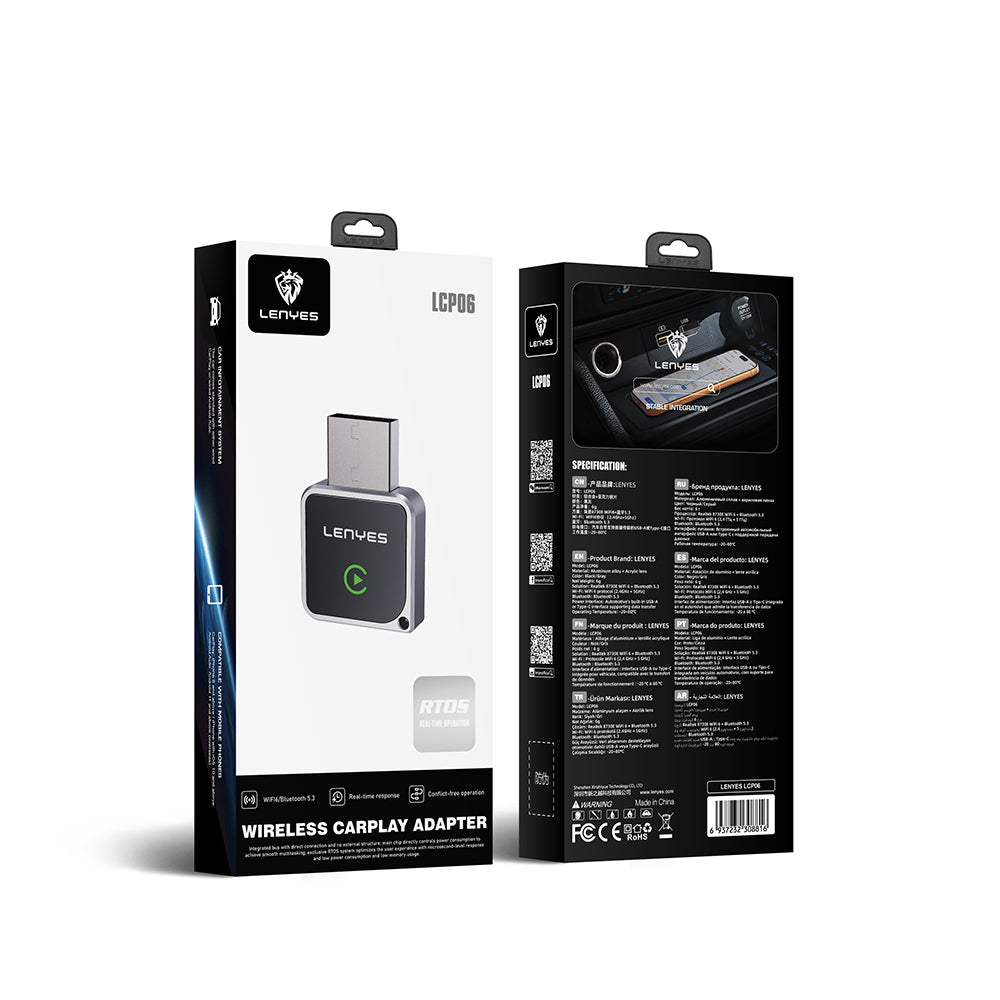 Lenyes LCP06 Android Auto Destekli CarPlay USB Bluetooth 5.3 Wireless Transmitter Adaptör Siyah