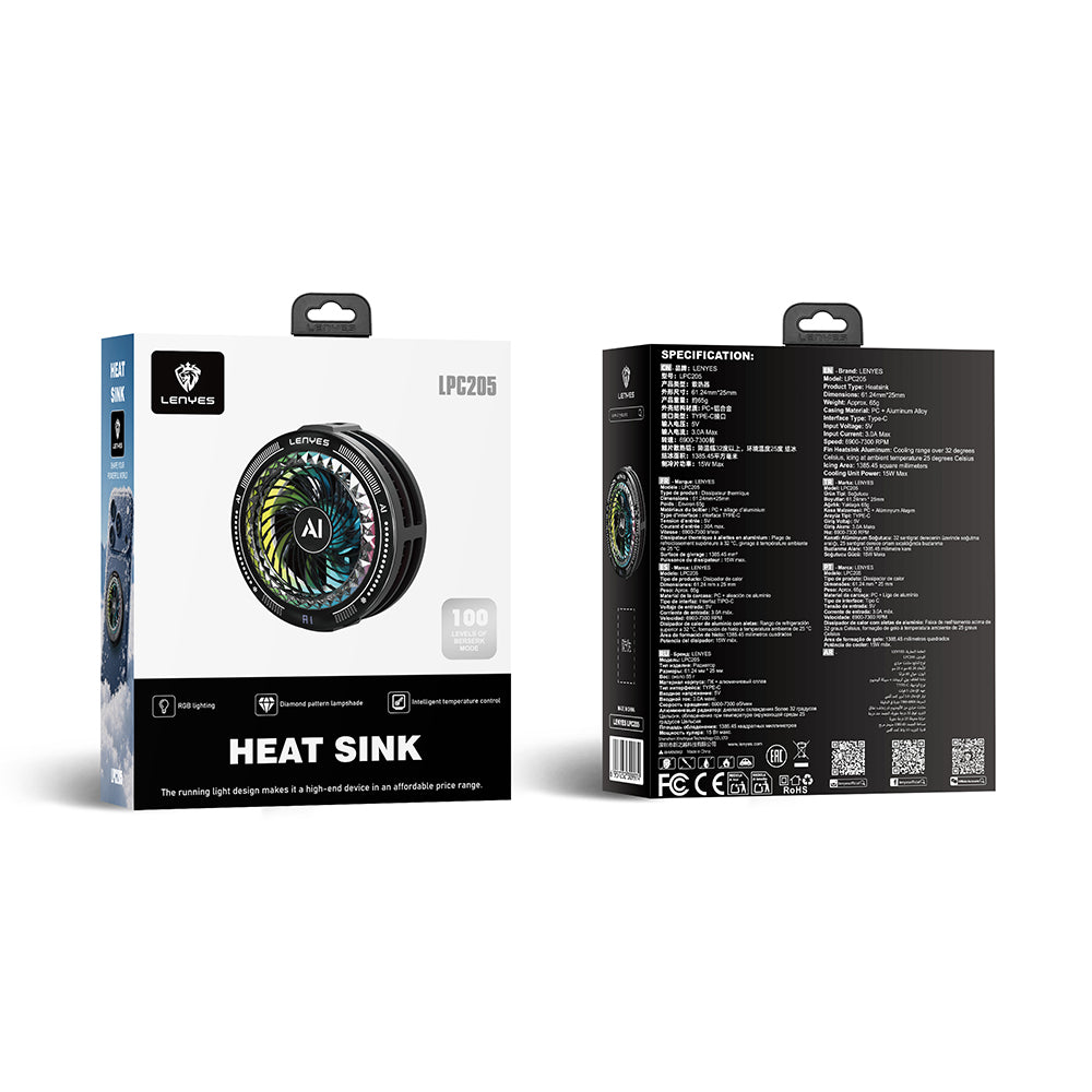 Lenyes LPC205 Akıllı Sıcaklık Kontrollü Adaptif AI Modlu RGB Işıklı Alüminyum Telefon Soğutucu Fan Siyah