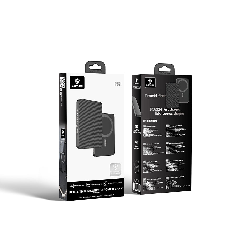 Lenyes P32 M-safe Şarj Özellikli Aramid Fiber Powerbank 15W 5000mAh Siyah