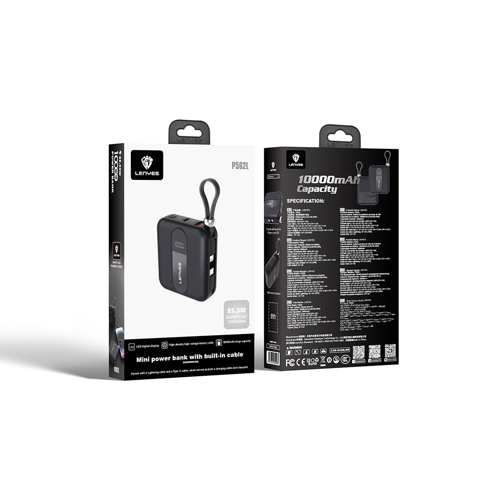 Lenyes P562L Dijital LED Göstergeli Type-C ve Lightning Kablolu Powerbank 22.5W 10000mAh Siyah