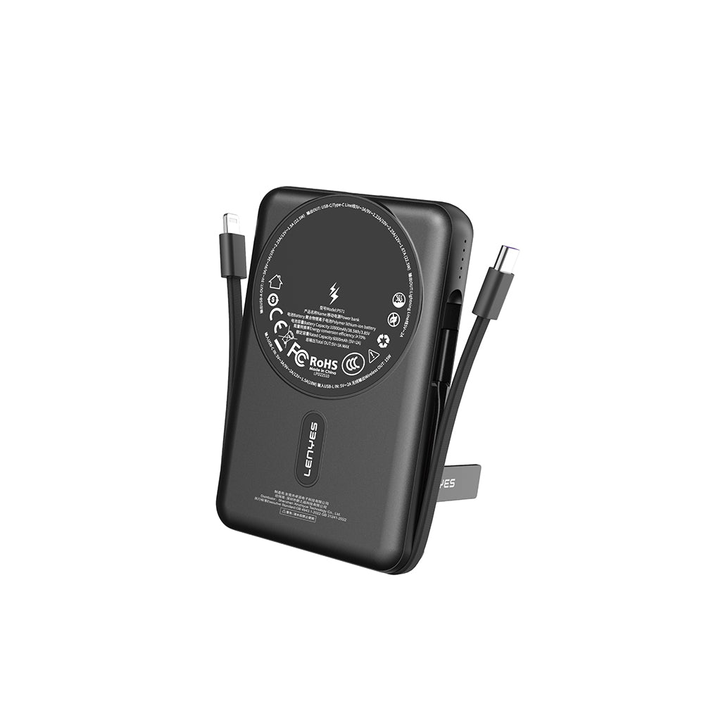 Lenyes P571 PD 22.5W Standlı M-safe Şarj Özellikli Type-C ve Lightning Kablolu Powerbank 15W 10000mAh Siyah