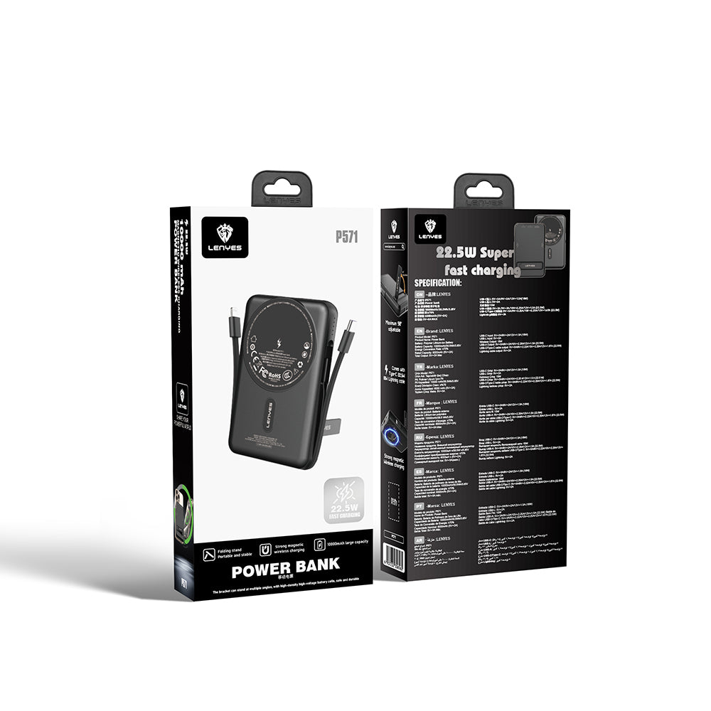Lenyes P571 PD 22.5W Standlı M-safe Şarj Özellikli Type-C ve Lightning Kablolu Powerbank 15W 10000mAh Siyah
